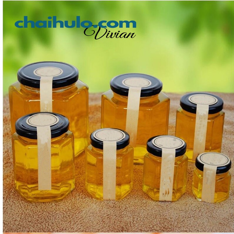 Hũ Thủy Tinh Lục Giác Hũ Đựng Thực Phẩm, Đồ Khô, Ngũ Cốc, Mứt Ngày Tết Nắp Thiếc Đen Nhiều Dung Tích