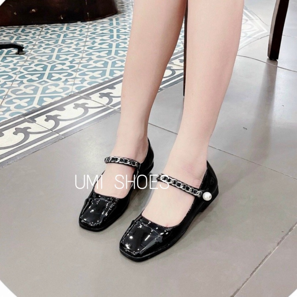 Giày búp bê nữ hài bệt xích ngọc đẹp mũi vuông đế bệt đơn giản quai cài ngang màu đen/trắng mới xinh công sở
