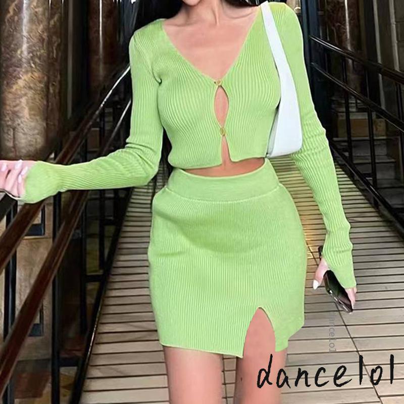 Set Áo Croptop Tay Dài + Chân Váy Màu Sắc Trơn Cho Nữ Khiêu Vũ1O1-