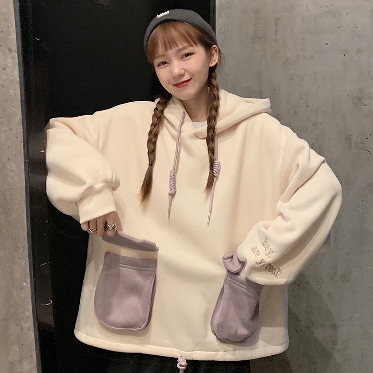 Áo hoodie tay dài dáng rộng phối lông màu sắc thời trang cho nữ