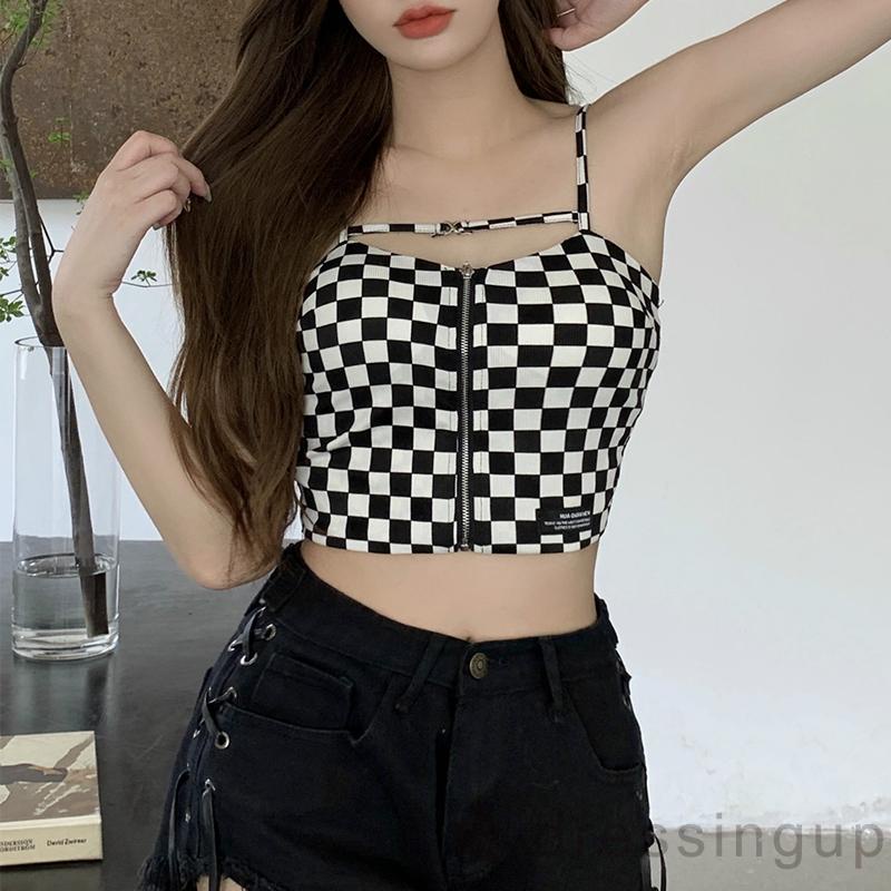 Áo Hai Dây Họa Tiết Kẻ Ô Vuông Thời Trang Cho Nữ