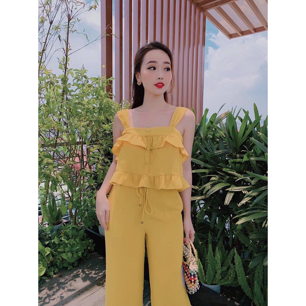 Set đũi áo 2 dây bèo nút bộc quần suông phối ống bèo cực dễ thương