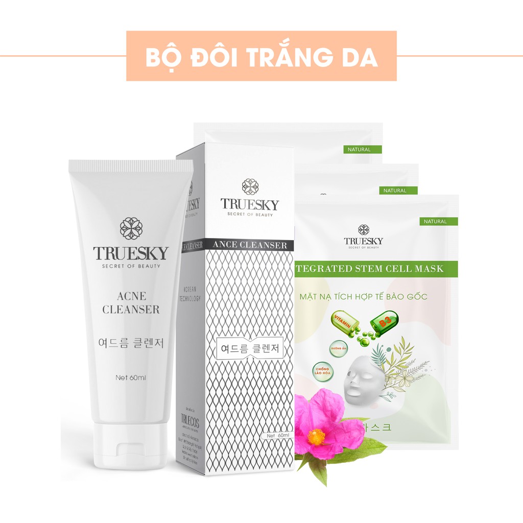 Bộ sản phẩm ngừa mụn trắng da mặt Truesky M04 gồm 1 sữa rửa mặt than hoạt tính 60ml + 3 miếng mặt nạ dưỡng da 25g/miếng