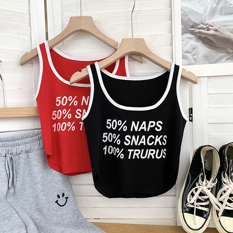 NUZIRO  Áo dệt kim  không tay dáng ôm in chữ phong cách Hàn Quốc dành cho nữ