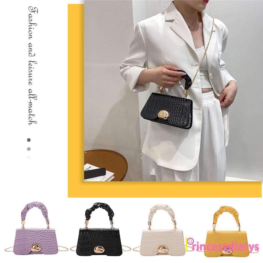 Fashion Women PU Solid Color Alligator Pattern Shoulder Bag Pleated Handbag