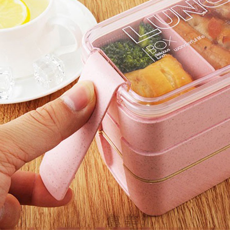 Hộp đựng cơm lúa mạch 3 tầng kèm thìa và nĩa, sử dụng được với lò vi sóng- DMA store