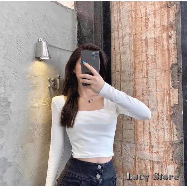 Áo Croptop Cổ Vuông Tay Dài Croptop Dài Tay