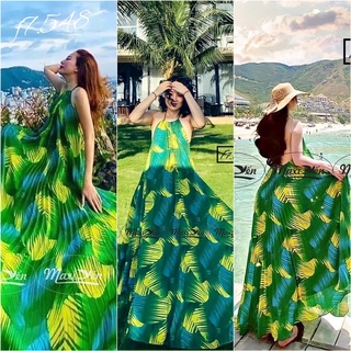 Váy maxi cổ yếm dập ly hở lưng họa tiết lá f7.548 maxi yến