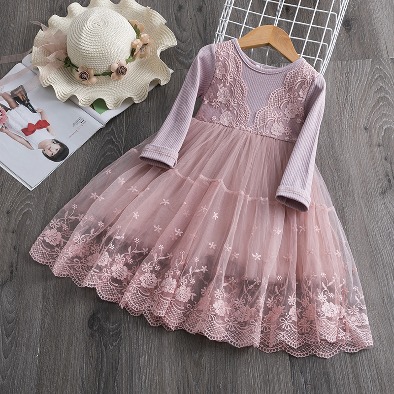 Đầm Dáng Xòe Nnjxd Tay Dài Vải Lưới Ren Hoa Giữ Ấm Mùa Thu Đông Thời Trang Thường Ngày / Kỳ Nghỉ Cho Bé Gái
