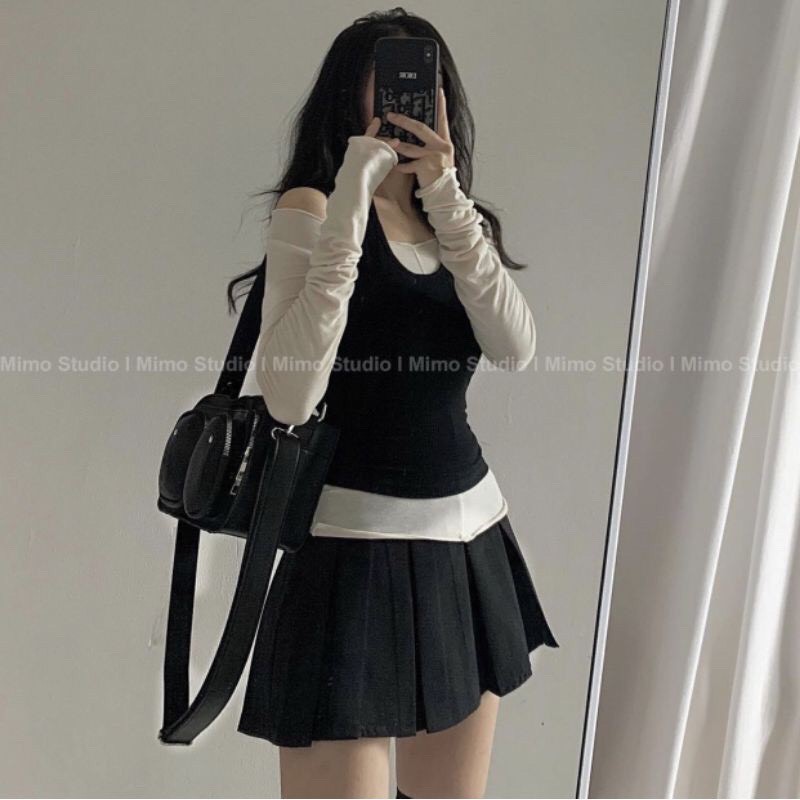 [SẴN]-Áo cardigan xám mỏng/ Áo bra ren hoa/ Váy xếp ly bảng lớn xoè xám | BigBuy360 - bigbuy360.vn