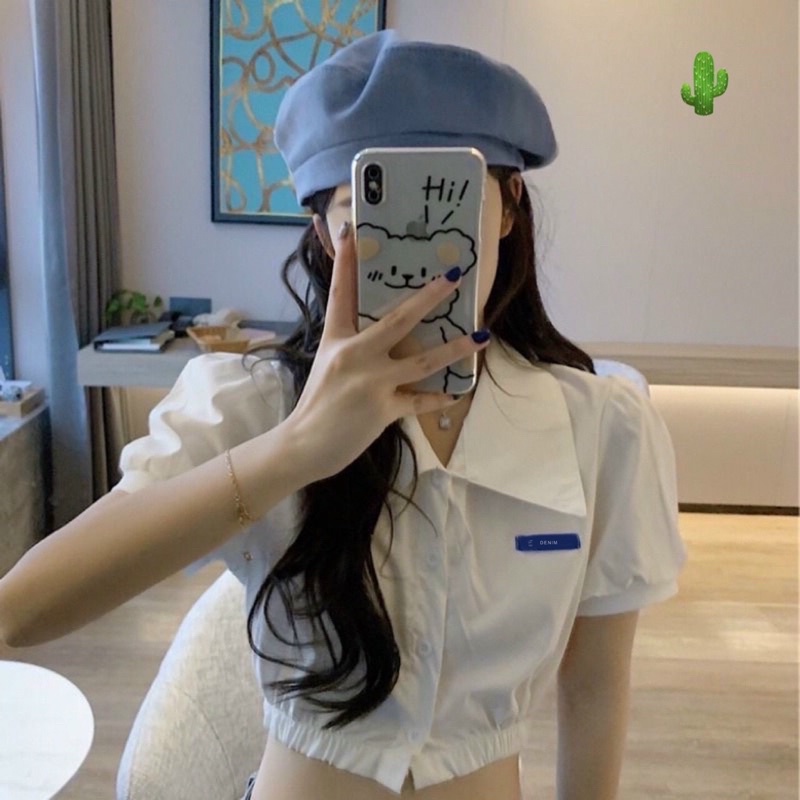 Áo sơmi croptop logo thêu phong cách hàn quốc, Áo Sơ Mi Croptop tay phồng xinh xắn cho nữ ☘️☘️☘️PC alohashop91