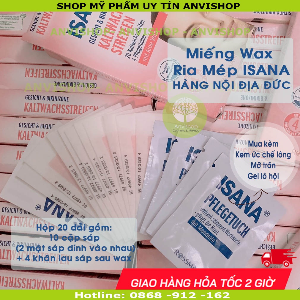 Sáp wax lông ISANA Tẩy lông mặt vùng ria mép tẩy lông vùng bikini gồm 20 miếng kèm khăn lau sáp - Nội địa Đức ANVISHOP