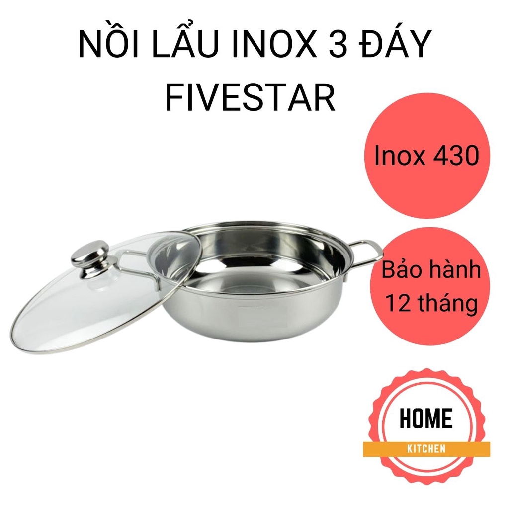 Nồi lẩu từ Inox 3 đáy Fivestar nắp kính, dày dặn, chắc chắn. Inox 430 không gỉ an toàn cho sức khỏe. Bảo hành chính hãng