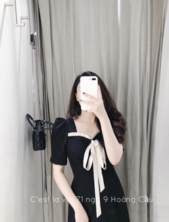 Váy đen nơ viền lụa tơ sang chảnh