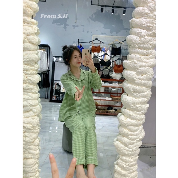 Bộ Pijama Chất Đũi Kẻ Áo Dài Quần Dài Mặc Nhà Nữ Siêu Xinh