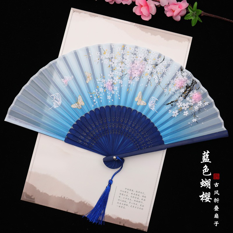 Quạt cổ trang cầm tay nan trúc, quạt lụa xếp gấp cổ phong làm đạo cụ, cosplay phong cách Trung Quốc