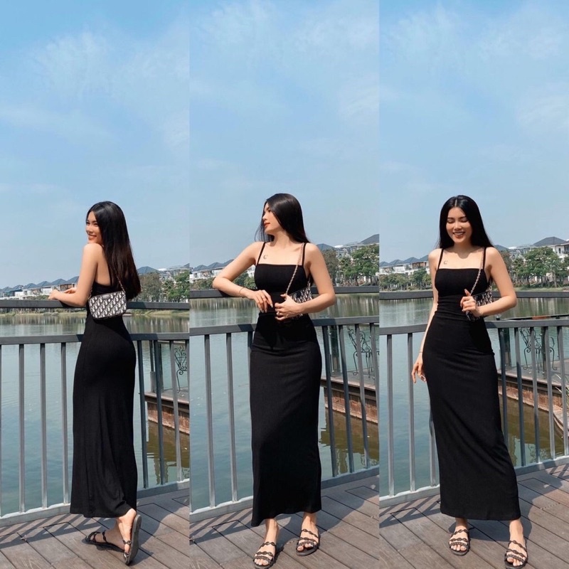 Váy đầm maxi dài 2s dây đen Chất đẹp dày dặn Có sẵn