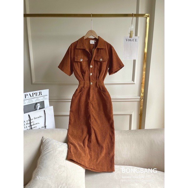 Váy sơ mi nhung tăm dáng dài xẻ trước chun sau sang trọng