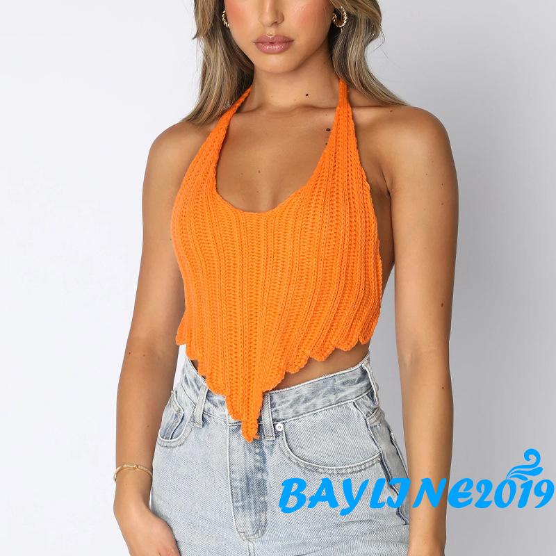 BAY-Women’s Casual Halter Irregular Vest Fashion Solid Color Tie-up Backless Exposed Navel Knitted Camisole