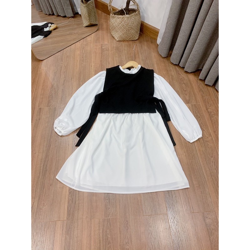 Set váy áo gile buộc nơ - Váy trắng kèm gile đen