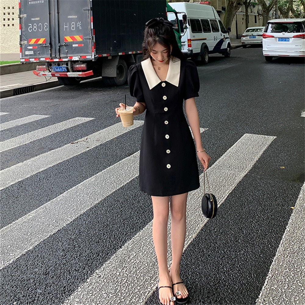 Váy Đen Nhỏ Tay Phồng Nữ. Váy Chữ A tay ngắn Sơ Mi công sở dự tiệc