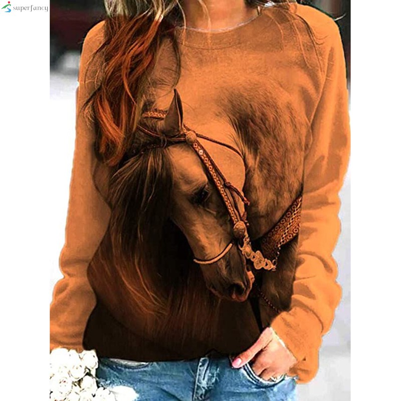 Women's Casual Horse Fun Print Sweatshirt Pullover Loose Long Sleeve Round Neck Blouse for Every Day