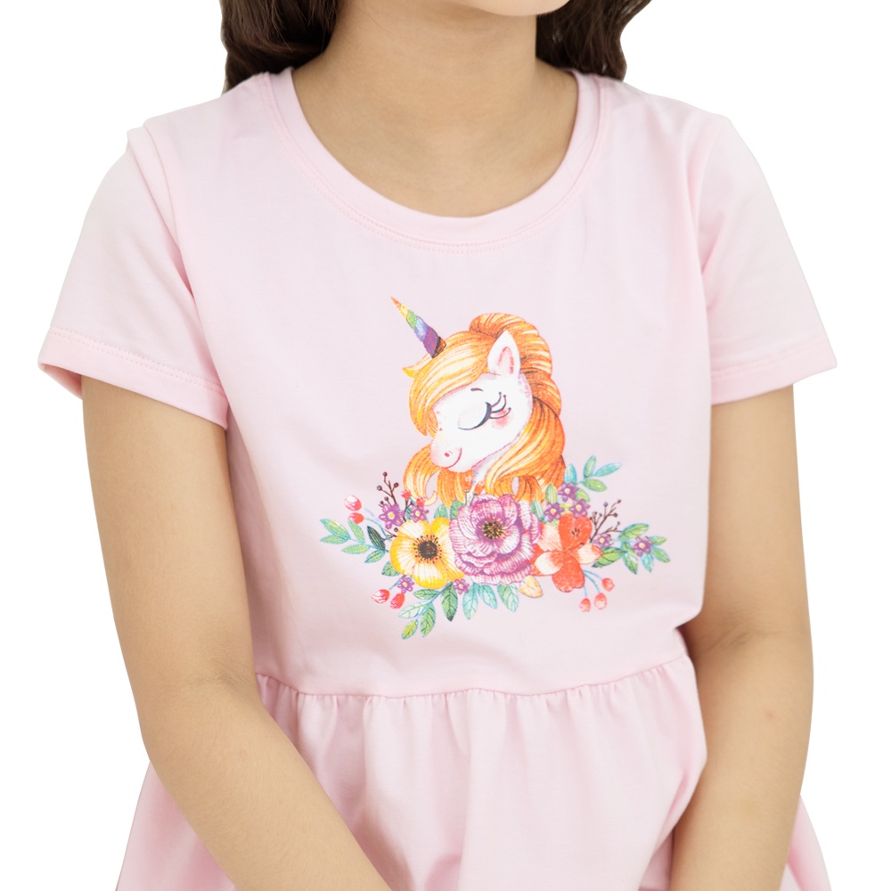 VÁY BÉ GÁI MẶC NHÀ 100% COTTON MÀU HÔNG DÂU IN KỲ LÂN_K11