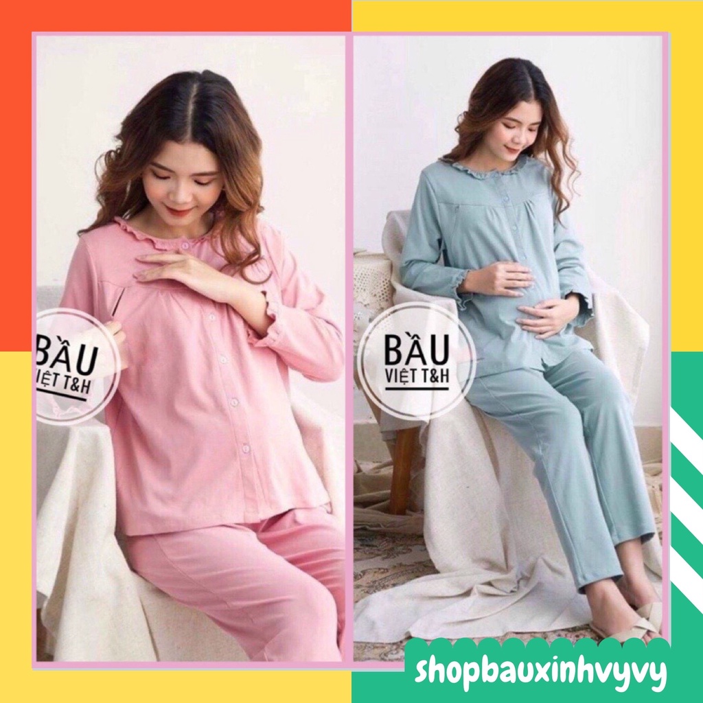 Bộ đồ bầu sau sinh mặc nhà Hàn Quốc, chất cotton, thoáng mát, tiện cho mẹ ty, size to