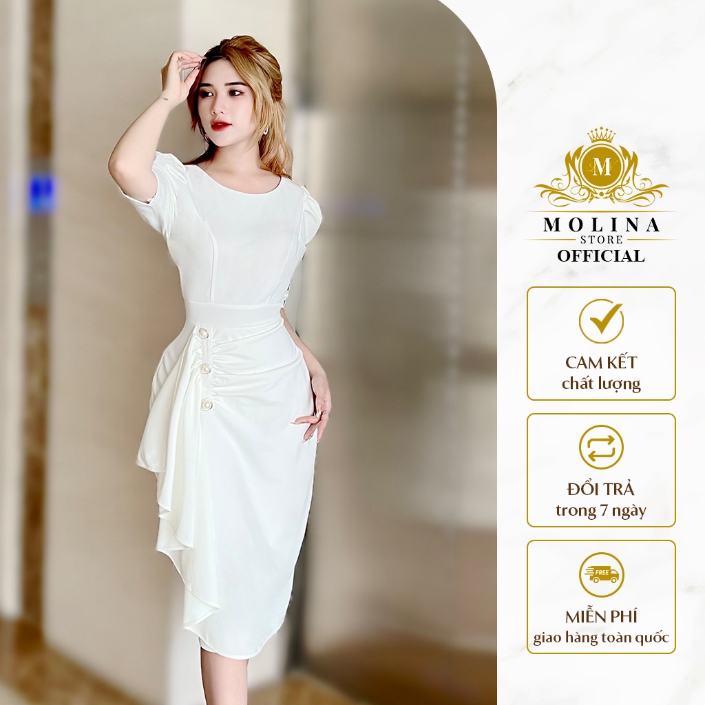 Đầm Thiết Kế Dáng Body Nữ Molina Tay Bồng Lỡ Xoắn Eo Đính Khuy, Chất Liệu Thun Da Hàn Cao Cấp