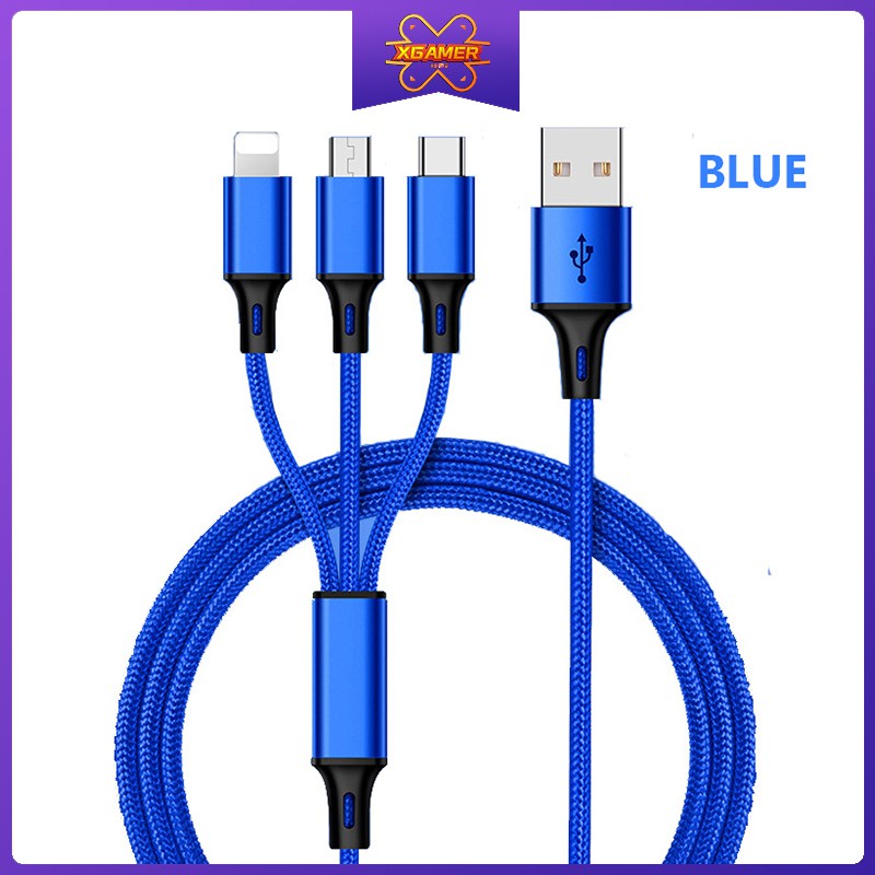 [Ready Stock] XGamer Three In One Data Cable Weaving 1.2M USB Super Fast Charge For Apple IPhone Type C Android