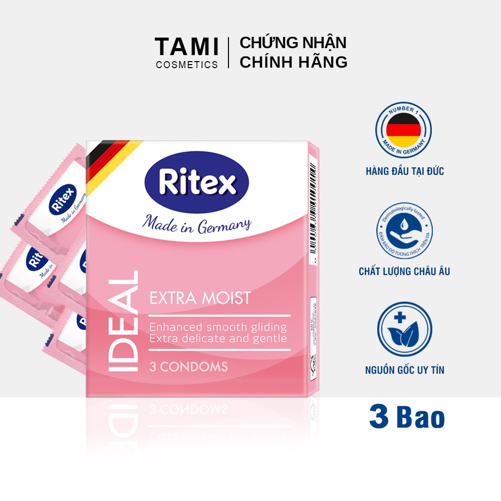 Bao cao su RITEX IDEAL Siêu ẩm ướt - Êm ái và Dịu dàng Hàng đầu tại Đức [Hộp 3 chiếc] Có che tên RI-IDEAL3