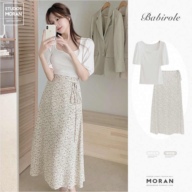 (ORDER) Set Chân váy hoa nhí MORAN dáng dài thắt nơ eo+ Áo tay phồng style vintage nhẹ nhàng Hàn Quốc