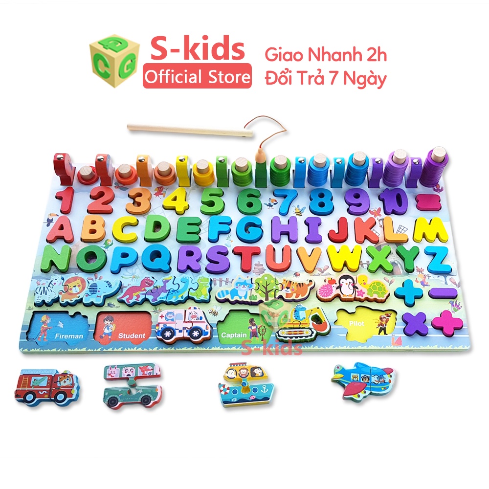 Đồ Chơi Trẻ Em S-Kids, Bảng Chữ Cái, Số Đếm, Hình Học bằng gỗ Tích Hợp Trò Chơi Câu Cá Cho Bé.