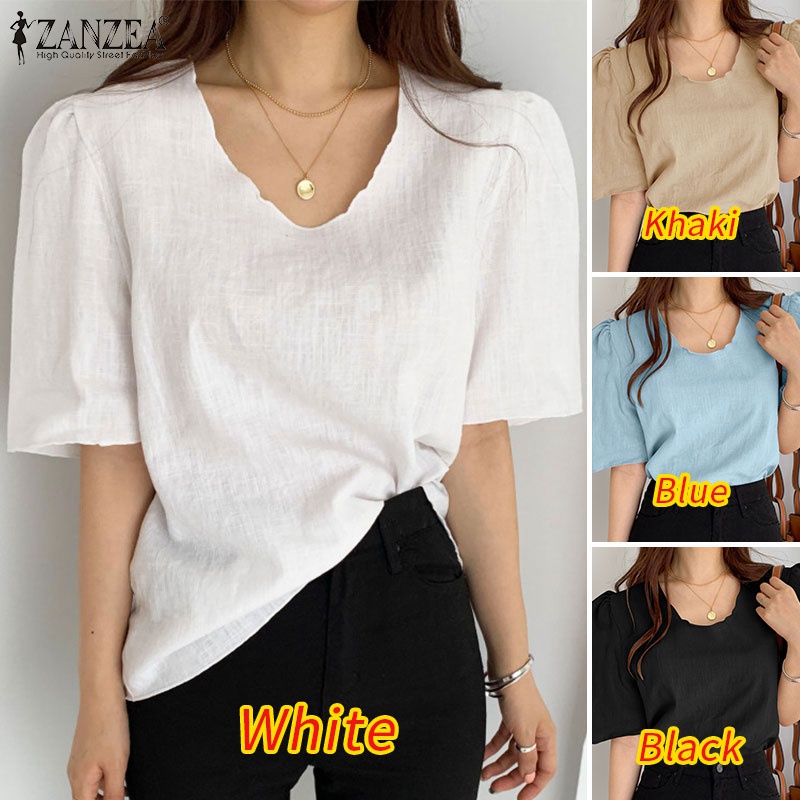 Áo thun Zanzea tay lửng màu trơn phong cách Hàn Quốc thời trang cho nữ