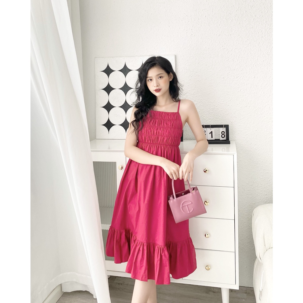 YU CHERRY | Đầm hai dây nữ nhún ngực, có dây điều chỉnh, Shirred Cotton Cami Dress YD157