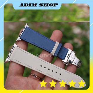 Dây da đồng hồ Apple watch, chất liệu da Swift Pháp - Trắng phối xanh - Khâu tay thủ công - Bảo hành 12 tháng