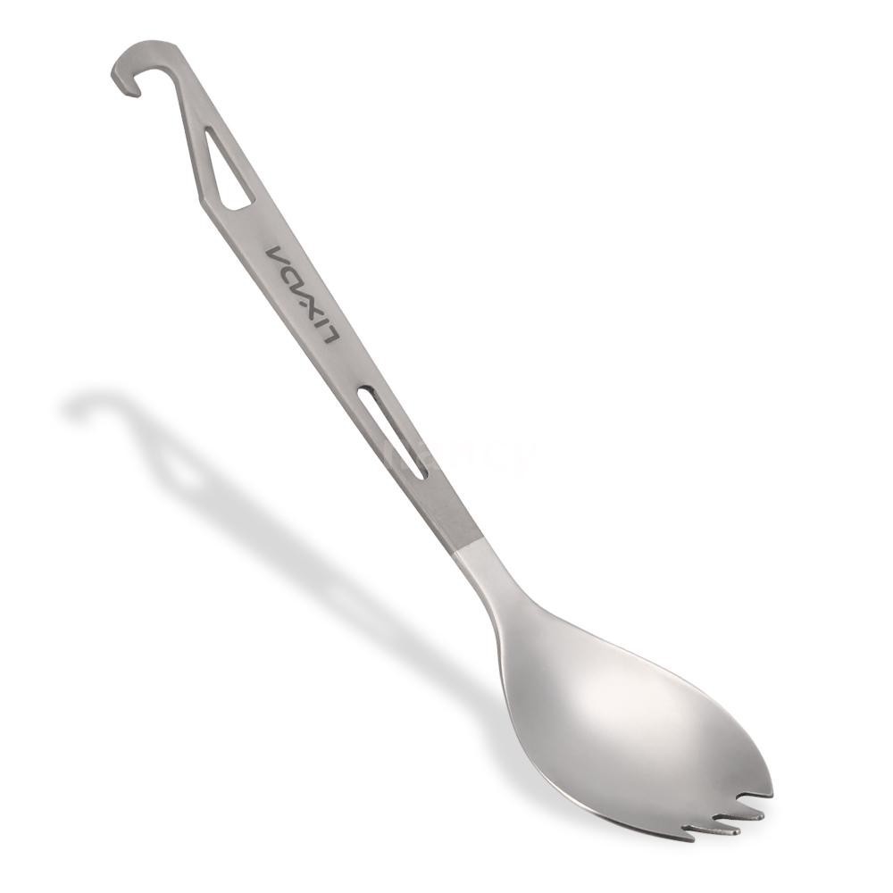 1 muỗng đầu nĩa 3 trong 1 làm bằng titanium với chức năng của muỗng nĩa và khui nắp chai