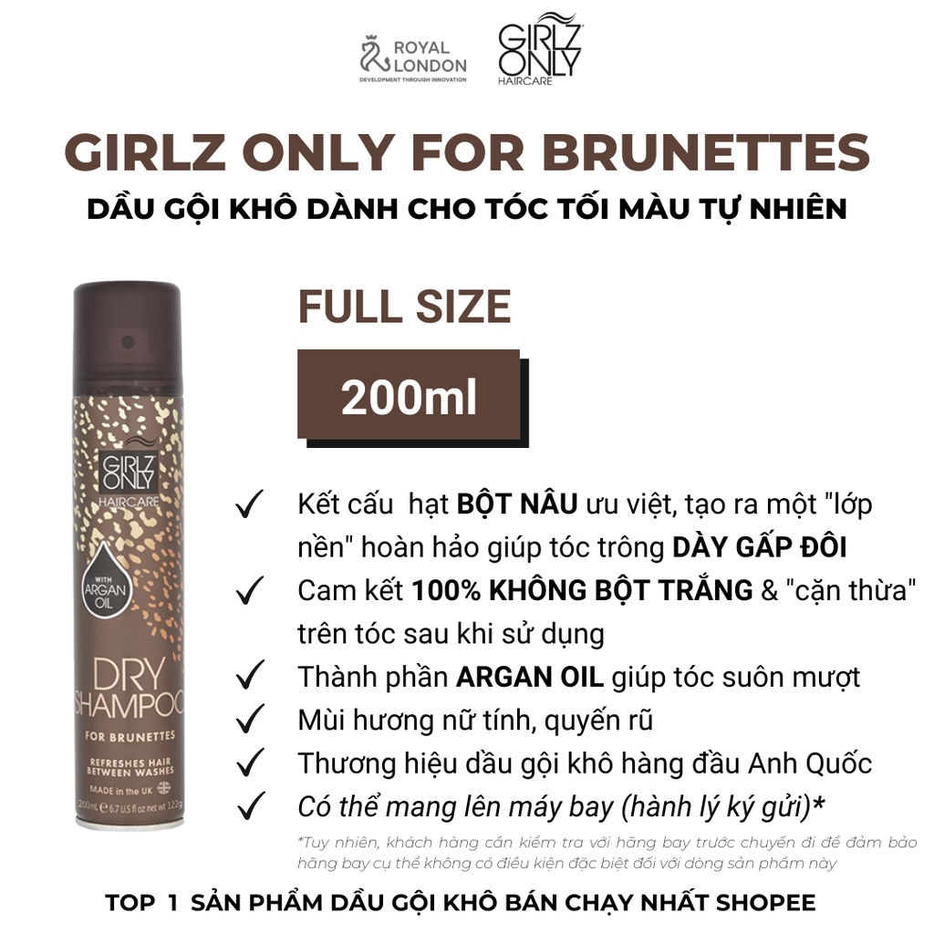 Dầu Gội Khô Dry Shampoo Girlz Only For Brunette 200ml (Nâu)