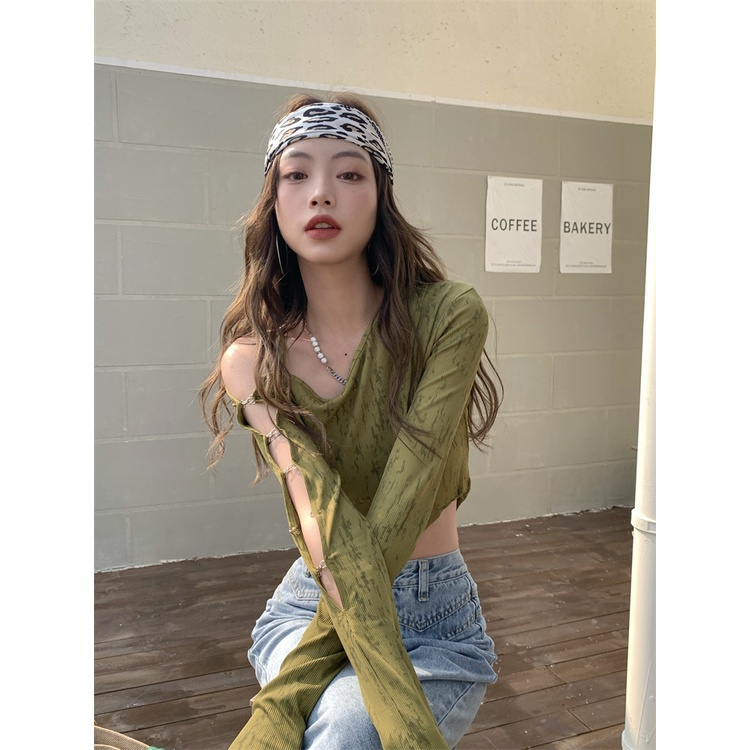 Porozi  Áo croptop  trễ vai dài tay thời trang Hàn Quốc dành cho nữ