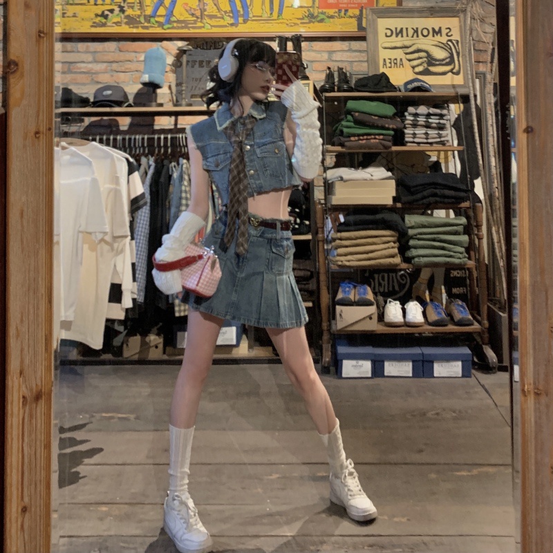 Set Áo Denim + Chân Váy Denim Lưng Cao Thời Trang Mùa Hè Dễ Phối Đồ Cho Nữ