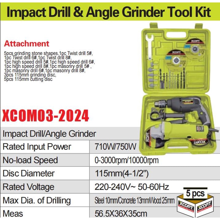 Bộ máy khoan 710W và máy mài cầm tay 750W XCORT Model XCOM03-2024 Kèm Phụ Kiện