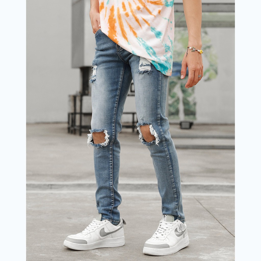 Quần Skinny Jeans Nam-Màu Xanh Đậm-Rách Gối To-Chất Liệu Cotton Co Giãn-Ống Đứng Dáng-Ống Ôm Chân Chuẩn Skinny | BigBuy360 - bigbuy360.vn