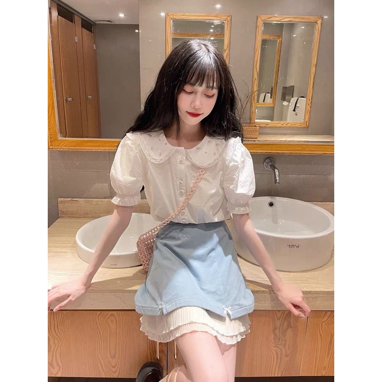 Bộ Áo Cổ Búp Bê + Chân Váy Ngắn Phong Cách Phương Tây Thời Trang Mùa Hè Cho Nữ
