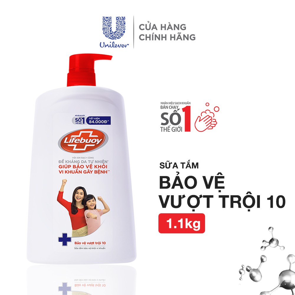 Sữa tắm chai Lifebouy 1,1kg dưỡng ẩm mềm mịn giúp bảo vệ khỏi 99.9% vi khuẩn và ngăn ngừa vi khuẩn