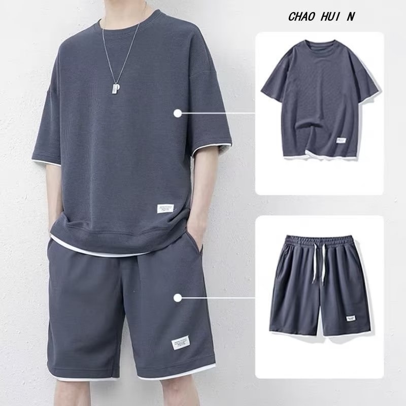 Set Đồ Mùa Hè 2 Món Gồm Áo Thun Tay Cộc Cổ Tròn + Quần Ngắn Thời Trang Cho Nam Size M-5xl