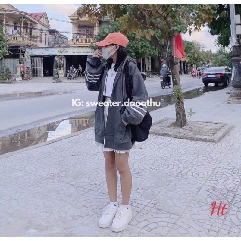 Áo khoá nỉ cotton sọc hai tay HT12