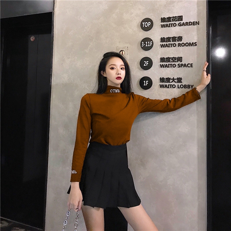 Áo thun nữ cổ lọ tay dài màu trơn đơn giản thời trang Hàn Quốc