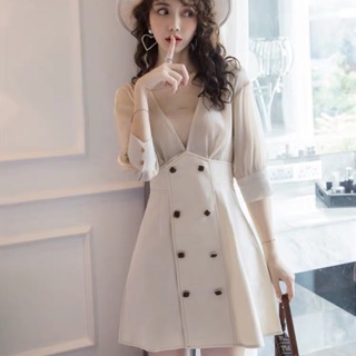 M-4XL Đầm dự tiệc cổ V phối cúc sang chảnh
