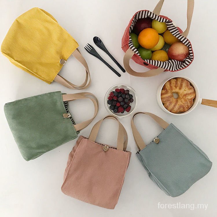Túi đựng hộp cơm trưa bằng vải nhung kẻ sọc nhiều màu sắc thời trang mùa hè 2021 cho nữ