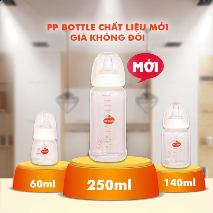 Bình Sữa WESSER Cổ Hẹp PP Bottle Kháng Khuẩn Đủ Size 60ML/ 140ML/ 250ML, Có Van Chống Sặc